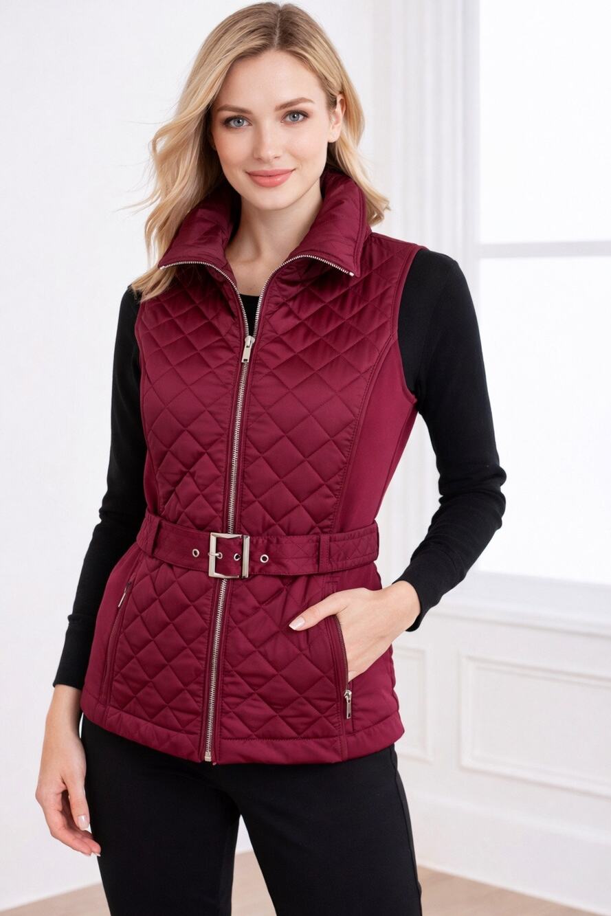 White House Black Market Burgundy Quilted Zip Vest Belted Size SP Petite Preppy